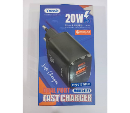 Chargers + Cables Yookie EI3Y fast charger PD 2output 3A 20W with Type C to type C cable BK